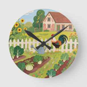 Bunter Bauerngarten Hahn Runde Wanduhr