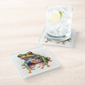 bunter Baumfrosch in Aquarell Glasuntersetzer (Schrägansicht)