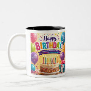 Bunter Becher mit Kuchen, Ballons und Geschenk Zweifarbige Tasse