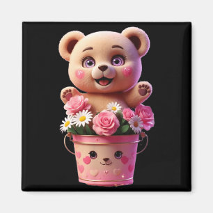Bunter Blumenkübel mit lustigem Teddy Unisex Magnet