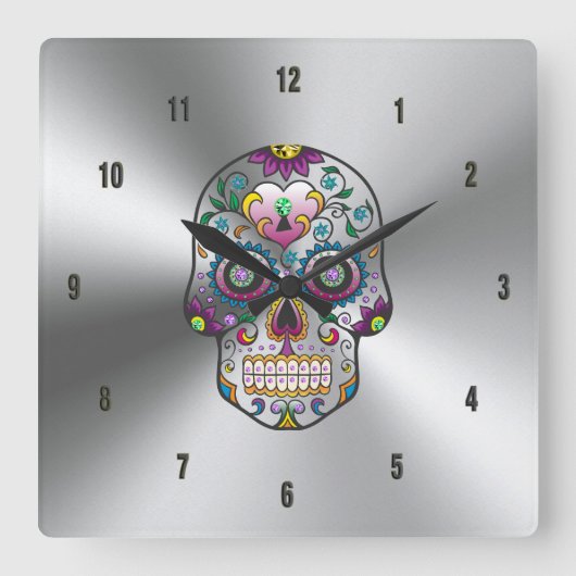 Bunter Blumenschädel auf metallischem Edelstahl Quadratische Wanduhr (Vorderseite)