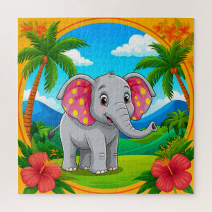 Bunter Cartoon-Elefant in tropischer Landschaft Puzzle
