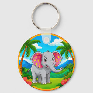 Bunter Cartoon-Elefant in tropischer Landschaft Schlüsselanhänger