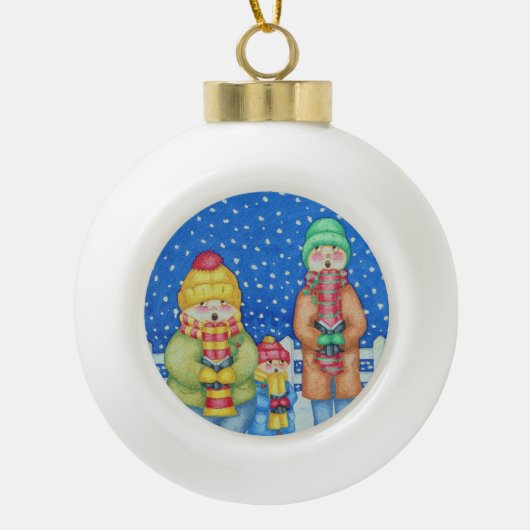 bunter Cartoon lustige Carolsänger im Schnee Keramik Kugel-Ornament (Vorderseite)