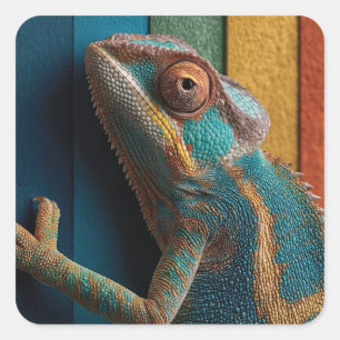 Bunter Chamäleon auf Regenbogen-Hintergrund Quadratischer Aufkleber