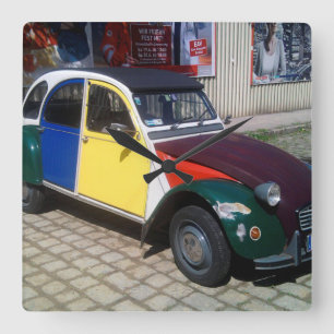 Bunter Citroen 2 CV Quadratische Wanduhr