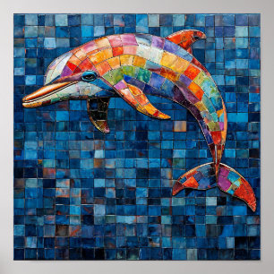 Bunter Delfin-Mosaik-Ozeanwellen-Kunst 🐬🎨🌊✨🌈 Poster
