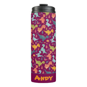 Bunter Dino-Cartoon rotes Muster Name Thermosbecher