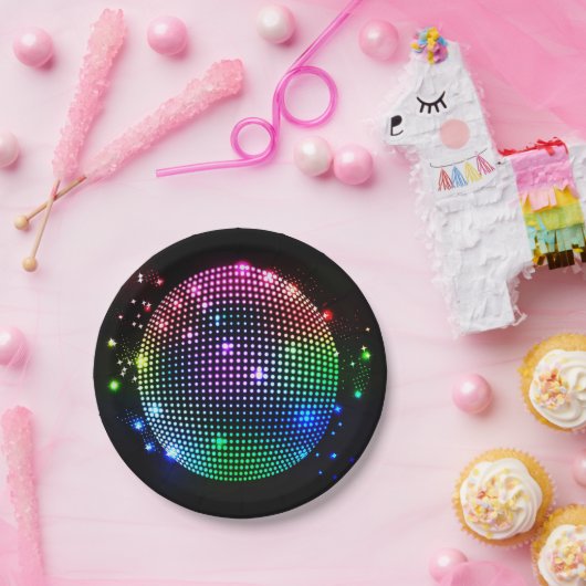 Bunter Disco-Ball auf schwarzem Pappteller (Party)