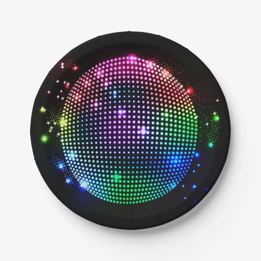 Bunter Disco-Ball auf schwarzem Pappteller (Vorderseite)