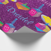 Bunter Dreidels lila Imitat-Glitzer Chanukka Geschenkpapier (Ecke)
