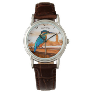 Bunter Eisvogel-Vogel mit London-Skylinen Armbanduhr