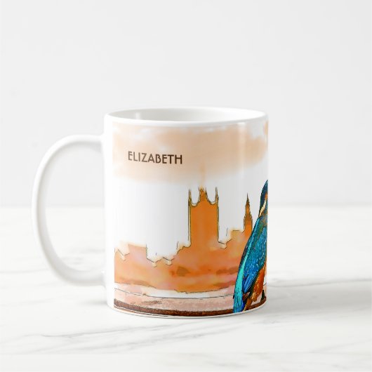 Bunter Eisvogel-Vogel mit London-Skylinen Kaffeetasse (Links)