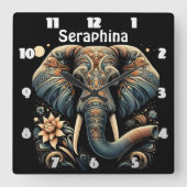 Bunter Elefant mit Blumenmotiven Quadratische Wanduhr (Vorderseite)