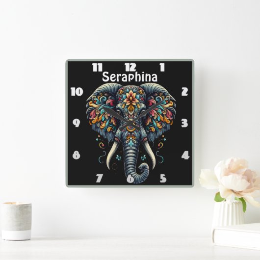 Bunter Elefant mit komplizierten Mustern Quadratische Wanduhr (Zuhause)