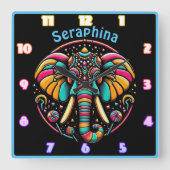 Bunter Elefant mit lebhaften Dekorationen Quadratische Wanduhr (Vorderseite)