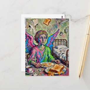 Bunter Engel beim Frühstück Art Brut Stil Postkarte