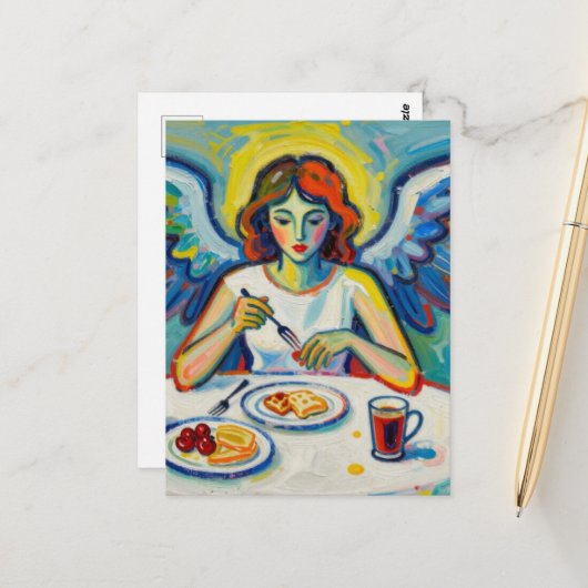 Bunter Engel beim Frühstück Postkarte (Vorderseite/Rückseite Beispiel)