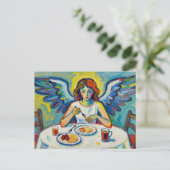 Bunter Engel beim Frühstück Postkarte (Stehend Vorderseite)