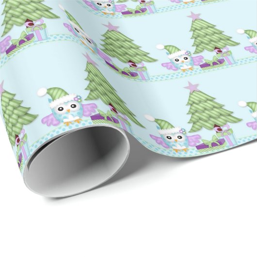 Bunter Eulen- u. Weihnachtsbaum w/gifts Geschenkpapier (Rolleneckpunkt)