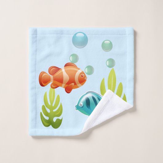 Bunter Fisch mit Bläschen und Algen Badhandtuch Set (Waschlappen)