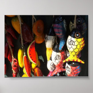 bunter Fisch und Obst auf dem Markt Poster