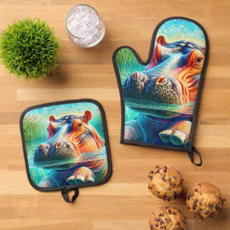 Bunter Flusspferd Ofenhandschuh & Topflappen-Set