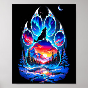 Bunter Fußabdruck Wolf Wölfe Liebhaber Heulen Bei Poster