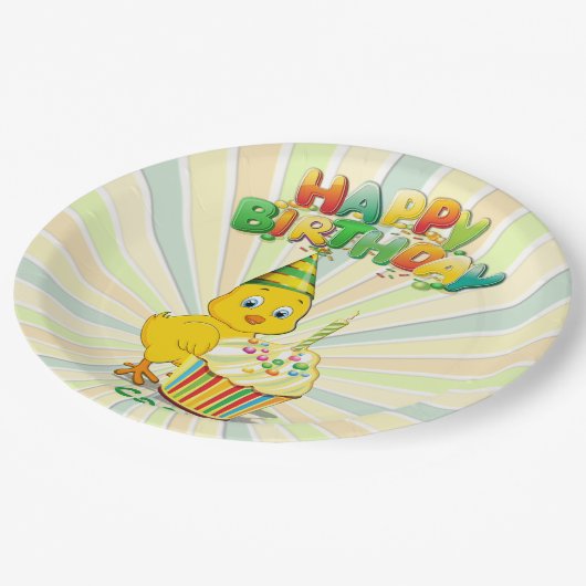 Bunter Geburtstagshähnchen-Cartoon Pappteller (Schrägansicht)