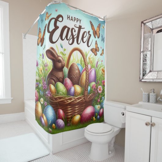 Bunter, glücklicher Osterkorb mit Eiern Duschvorhang (Beispiel)