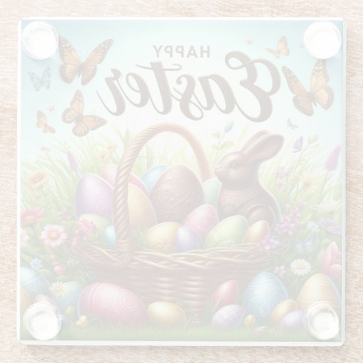 Bunter, glücklicher Osterkorb mit Eiern Glasuntersetzer (Rückseite)