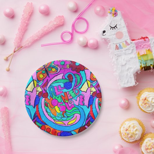 bunter groovy Frieden und Liebe Pappteller (Party)