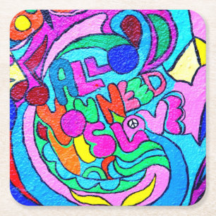 bunter groovy Frieden und Liebe Rechteckiger Pappuntersetzer
