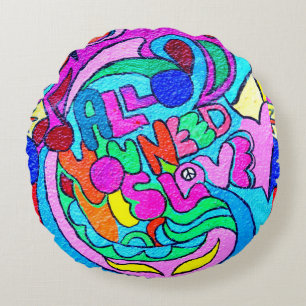 bunter groovy Frieden und Liebe Rundes Kissen