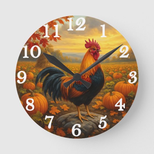 Bunter Hahn in der Herbsternte Runde Wanduhr (Vorderseite)