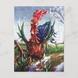 Bunter Hahn in Frühlingsregen Kunstpostkarte Postkarte