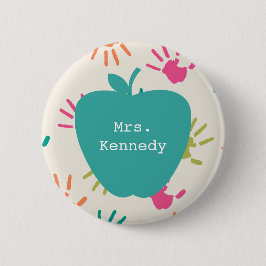 Bunter Handprints Lehrer Türkis-Apples Button