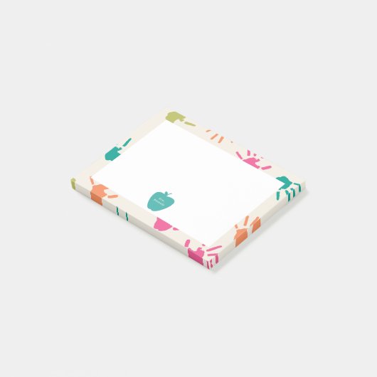 Bunter Handprints Lehrer Türkis-Apples Post-it Klebezettel (angewinkelt)