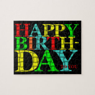 Bunter Happy Birthday Text mit schwarzem Hintergru Puzzle
