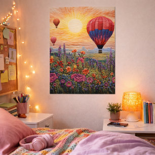 Bunter Heißluftballon Wildblumen Sonnenuntergang Poster