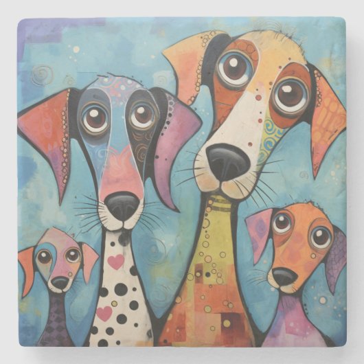 Bunter Hund Abstrakte Kunst Cartoon-Stil Steinuntersetzer (Vorderseite)