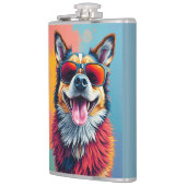 Bunter Hund mit Sonnenbrille Flachmann (Links)