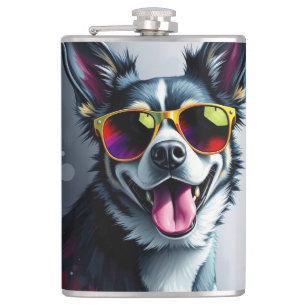 Bunter Hund mit Sonnenbrille Flachmann