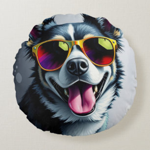 Bunter Hund mit Sonnenbrille Rundes Kissen