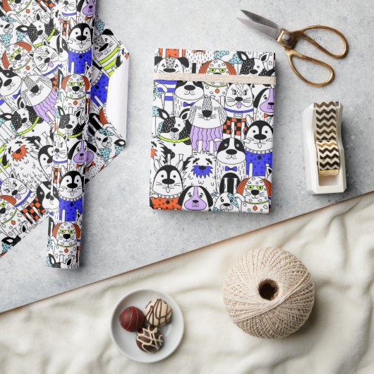 Bunter Hunde-Muster mit Menschenmenge Geschenkpapier (Kunsthandwerk)