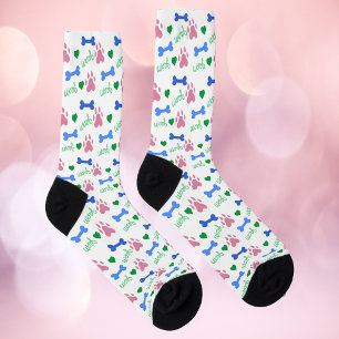 Bunter Hundeknochen- und Pfoten-Wuff-Pink-Blau-Mus Socken