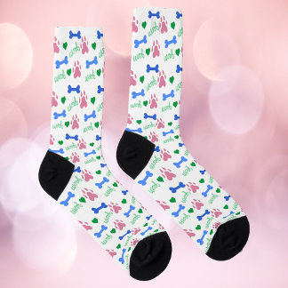 Bunter Hundeknochen- und Pfoten-Wuff-Pink-Blau-Mus Socken