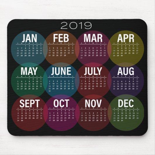 Bunter Kalender 2019 auf Schwarzem Mousepad (Vorne)