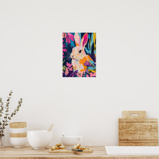 Bunter Kaninchen-Blumen-Wandkunst | Whimsical Bunn Poster