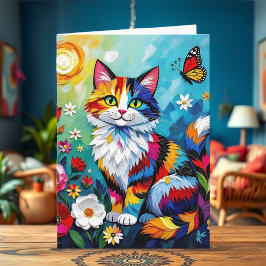 Bunter Kater, Blumen & Schmetterling Geburtstag Karte